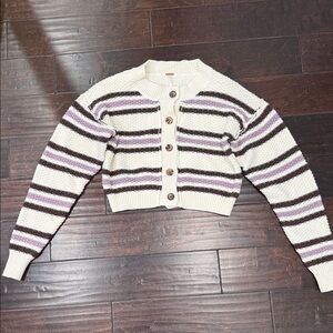 Free People Cream Cropped Button-Front Striped Cardigan